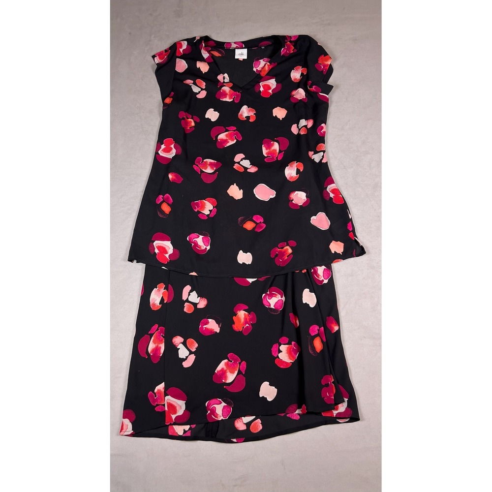 Cabi Womens 2 Piece‎ Set Black Pink Floral V-Neck Top & Ruched Midi Skirt Size S